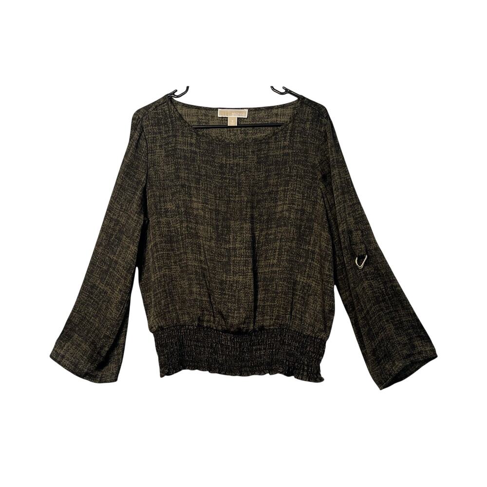 Michael Kors Top Womens Size M Olive Green Black Long Sleeve Satin Elastic Hem